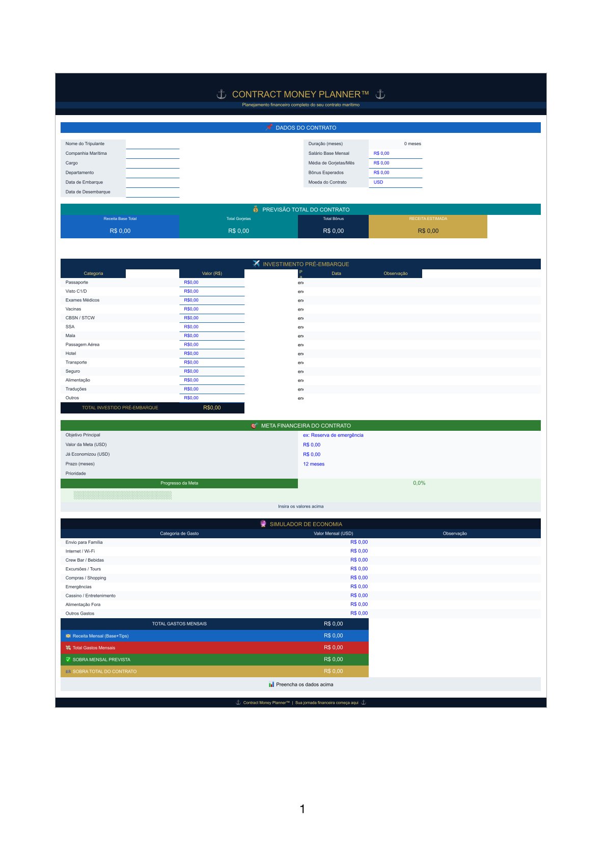 Contract Money Planner™ — planilha financeira do contrato
